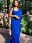 MODERN GEORGETTE HANDWORK CUT DANA BORDER WORK SAREE WITH UNSTITCHED BLOUSE BLUE
