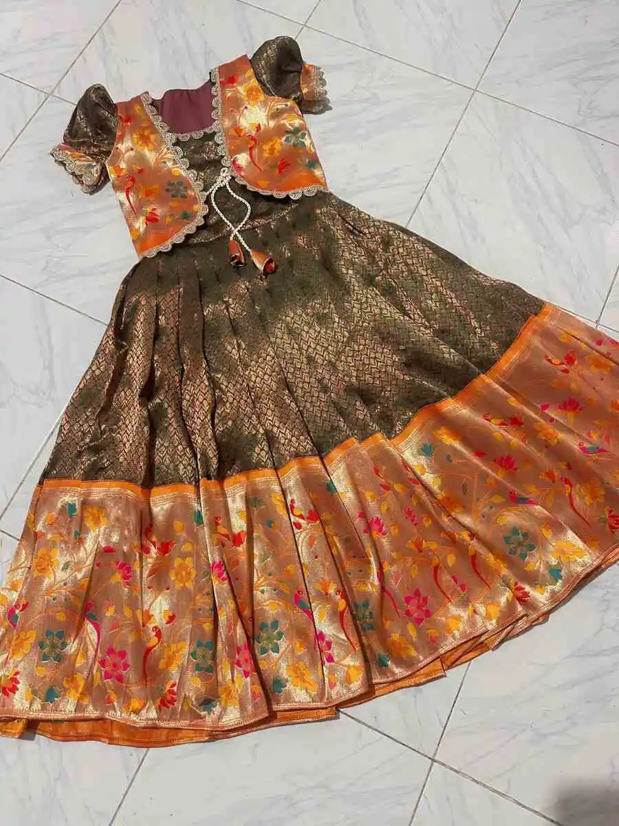 2NEW ARRIVAL KANJIVARAM SILK PAITHANI DESIGN JACKET WITH PAITHANI HEAVY MATCHING BORDER WORK KID'S GOWN FESTIVE WEAR WHOLESALE PRICE ETHNIC GARMENT (8)