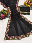 RICH LOOK GEORGETTE MULTI THREAD EMBROIDERY WORK SAREE WITH UNSTITCHED BLOUSE BLACK