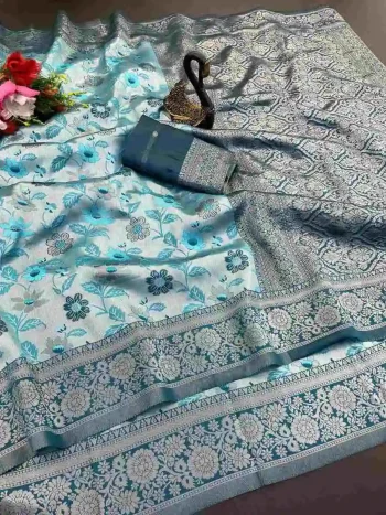 ATTRACTIVE TISSUE KANCHI COPPER ZARI WEAVING WORK SAREE WITH UNSTITCHED BLOUSE SKY