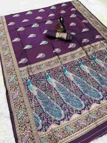 DESIGNER BANARASI SILK 3D WEAVING MINA WITH ZARI WEAVING RICH PALLU AND BORDER WORK SAREE WITH UNSTITCHED BLOUSE PUPLE