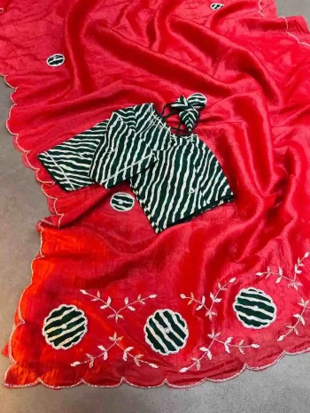 DESIGNER GOLD CRUSH BANDHEJ HANDWORK CUTDANA BUTTA AND RICH PALLU AND FOIL PRINT WORK SAREE WITH UNSTITCHED BLOUSE RED