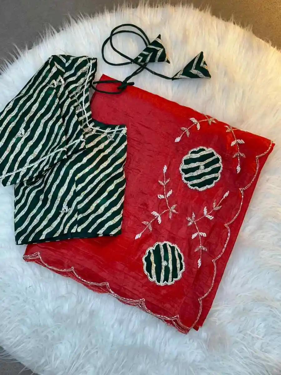 3DESIGNER GOLD CRUSH BANDHEJ HANDWORK CUTDANA BUTTA AND RICH PALLU AND FOIL PRINT WORK SAREE WITH UNSTITCHED BLOUSE WEDDING WEAR WHOLESALE PRICE ETHNIC GARMENT (15).jpg.webp