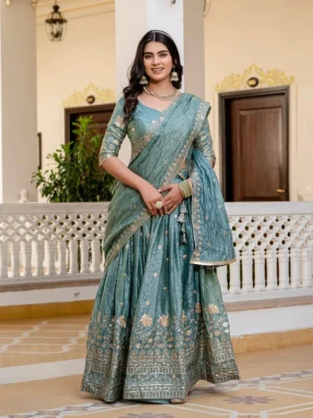 DESIGNER GOLD CRUSH EMBROIDERY WORK LEHENGA CHOLI WITH DUPATTA SKY