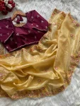 DESIGNER GOLD CRUSH MULTI THREAD SEQUENCE CONTRAST PALLU WORK WITH ARC CUT BORDER WORK SAREE WITH UNSTITCHED BLOUSE YELLOW