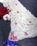 DESIGNER STAR GEORGETTE MULTI COLOR PATCH WORK AND HANDWORK BORDER WORK SAREE WITH UNSTITCHED BLOUSE WHITE AND PINK