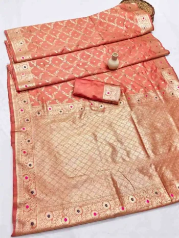 FANCY BANARASI SILK FLOWERS AND MINA WITH WEAVING ZARI RICH PALLU AND BORDER WORK SAREE WITH UNSTITCHED BLOUSE PEACH