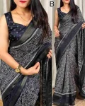 MODERN DOLA SILK ZARI WEAVING AND SEQUENCE WORK BORDER AND KALAMKARI PRINT WORK SAREE WITH UNSTITCHED BLOUSE BLACK