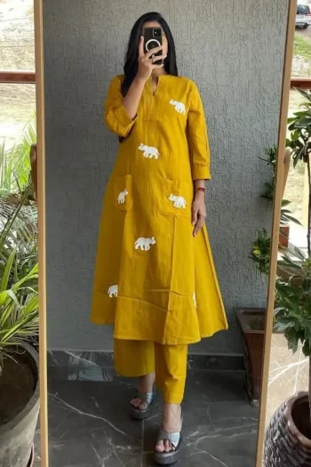 NEW ARRIVAL RAYON EMBROIDERY WORK TOP PENT SET YELLOW