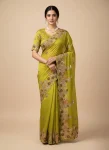DESIGNER FENDY CHIFFON EMBROIDERY CUTWORK WORK AARC BORDER WORK SAREE WITH UNSTITCHED BLOUSE LEMON