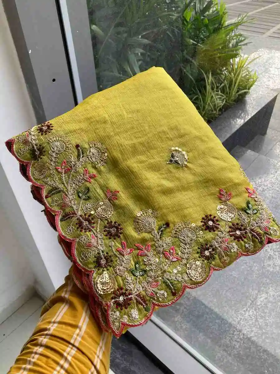 4DESIGNER FENDY CHIFFON EMBROIDERY CUTWORK WORK AARC BORDER WORK SAREE WITH UNSTITCHED BLOUSE WEDDING WEAR WHOLESALE PRICE ETHNIC GARMENT (25)