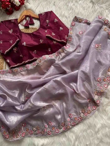 DESIGNER GOLD CRUSH MULTI THREAD SEQUENCE CONTRAST PALLU WORK WITH ARC CUT BORDER WORK SAREE WITH UNSTITCHED BLOUSE LAVENDER