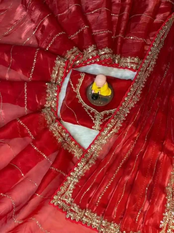 DESIGNER JIMMY CHOO SEQUENCE ZARI WORK AARCO BORDER WORK SAREE WITH UNSTITCHED BLOUSE RED