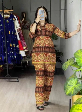 NEW ARRIVAL RAYON PRINTED CO-ORD SET YELLOW AND MAROON