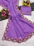 RICH LOOK GEORGETTE MULTI THREAD EMBROIDERY WORK SAREE WITH UNSTITCHED BLOUSE PURPLE