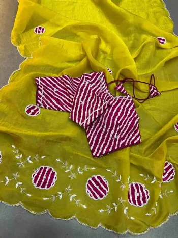 DESIGNER GOLD CRUSH BANDHEJ HANDWORK CUTDANA BUTTA AND RICH PALLU AND FOIL PRINT WORK SAREE WITH UNSTITCHED BLOUSE LEMON