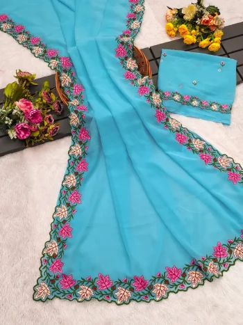 RICH LOOK GEORGETTE MULTI THREAD EMBROIDERY WORK SAREE WITH UNSTITCHED BLOUSE SKY