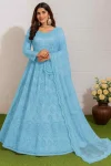 DESIGNER NET EMBROIDERY WORK LEHENGA CHOLI WITH DUPATTA SKY