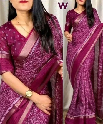 MODERN DOLA SILK ZARI WEAVING AND SEQUENCE WORK BORDER AND KALAMKARI PRINT WORK SAREE WITH UNSTITCHED BLOUSE WINE