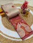 ATTRACTIVE LICHI SILK JACQUARD WORK SAREE WITH UNSTITCHED BLOUSE CREAM AND RED