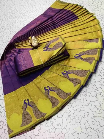 ATTRACTIVE LICHI SILK JACQUARD WORK SAREE WITH UNSTITCHED BLOUSE PURPLE AND LEMON