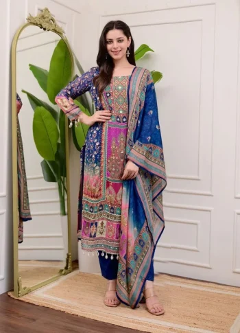 ATTRACTIVE MUSLIN SILK DIGITAL PRINTED WITH HANDWORK ,MIRROR WORK AND KODI LATKAN WORK TOP BOTTOM WITH DUPATTA BLUE