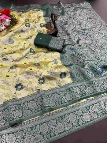 ATTRACTIVE TISSUE KANCHI COPPER ZARI WEAVING WORK SAREE WITH UNSTITCHED BLOUSE YELLOW AND GREEN