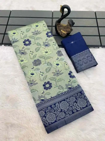 ATTRACTIVE TISSUE KANCHI COPPER ZARI WEAVING WORK SAREE WITH UNSTITCHED BLOUSE MINT AND BLUE