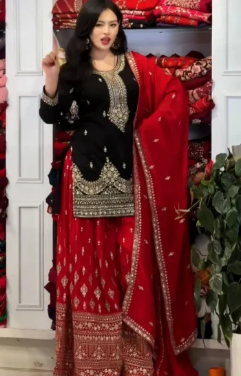 DESIGNER CHINON SILK EMBROIDERY SEQUENCE WORK TOP PALAZZO WITH DUPATTA BLACK AND RED