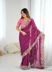 DESIGNER CRUSH EMBROIDERY THREADS , SEQUENCE WORK & FANCY HAND CUTWORK SAREE WITH UNSTITCHED BLOUSE WINE