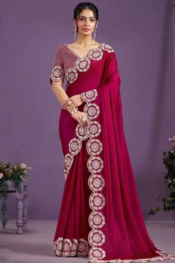 DESIGNER FENDY SATIN DORI THREAD AND SEQUENCE EMBROIDERY WORK WITH CUT WORK BORDER SAREE WITH UNSTITCHED BLOUSE RED