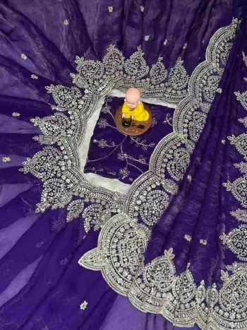 DESIGNER FENDY SATIN SEQUENCE ZARI WORK AARCO BORDER WORK SAREE WITH UNSTITCHED BLOUSE PURPLE