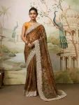 DESIGNER FENDY SOFT NET CHIKANKARI WORK WITH PIPING WORK SAREE WITH UNSTITCHED BLOUSE BROWN