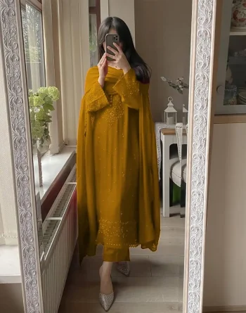 DESIGNER GEORGETTE SEQUENCE EMBROIDERY WORK TOP BOTTOM WITH DUPATTA YELLOW