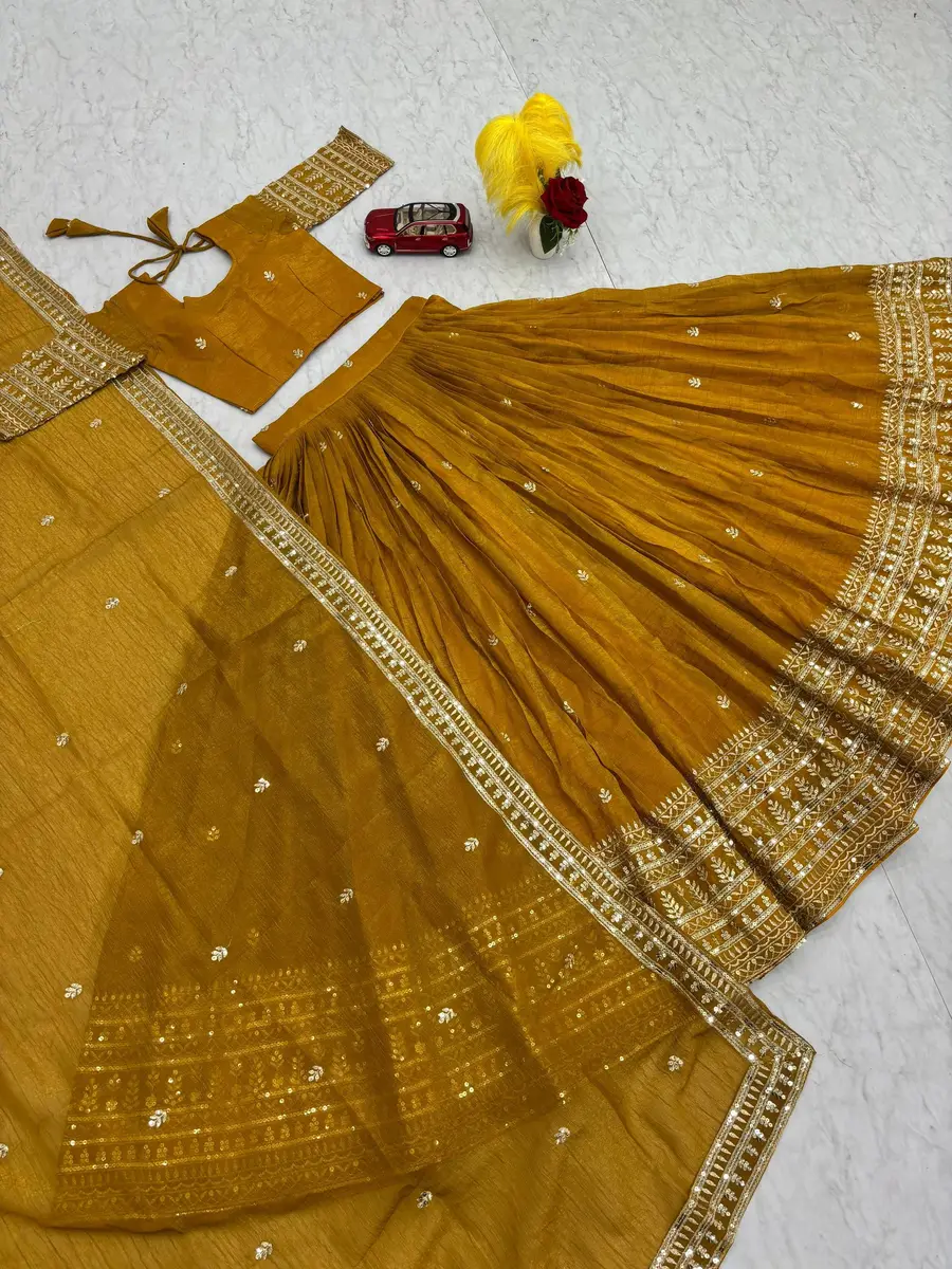 DESIGNER GOLD CRUSH EMBROIDERY THREAD AND SEQUENCE WORK LEHENGA CHOLI WITH DUPATTA WEDDING WEAR WHOLESALE PRICE ETHNIC GARMENT (5)