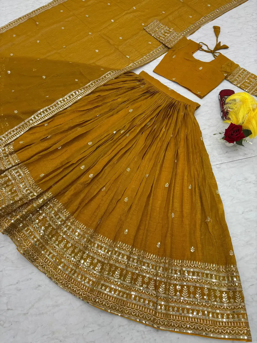 DESIGNER GOLD CRUSH EMBROIDERY THREAD AND SEQUENCE WORK LEHENGA CHOLI WITH DUPATTA WEDDING WEAR WHOLESALE PRICE ETHNIC GARMENT (6)