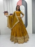 DESIGNER GOLD CRUSH EMBROIDERY THREAD AND SEQUENCE WORK LEHENGA CHOLI WITH DUPATTA WEDDING WEAR WHOLESALE PRICE ETHNIC GARMENT (8)
