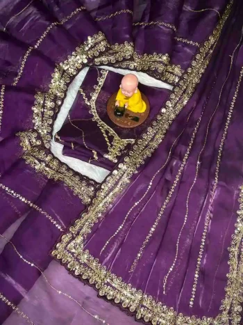 DESIGNER JIMMY CHOO SEQUENCE ZARI WORK AARCO BORDER WORK SAREE WITH UNSTITCHED BLOUSE WINE