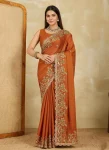 DESIGNER RANGOLI SILK EMBROIDERY SEQUANCE WITH CUTWORK BORDER WORK SAREE WITH UNSTITCHED BLOUSE ORANGE