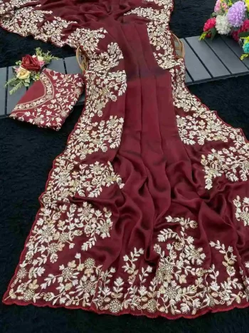 DESIGNER RANGOLI SILK SEQUENCE AND ZARI EMBROIDERY WORK SAREE WITH UNSTITCHED BLOUSE MAROON
