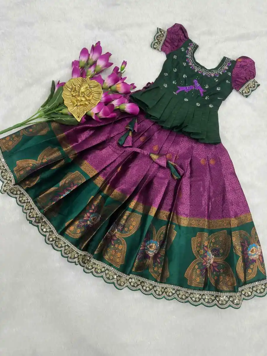 DESIGNER SILK WEAVING WORK WITH BORDER ZARI WEAVING AND EMBROIDERY CUTWORK LACE WORK KID'S TOP AND LEHENGA FESTIVE WEAR WHOLESALE PRICE ETHNIC GARMENT (13).webp