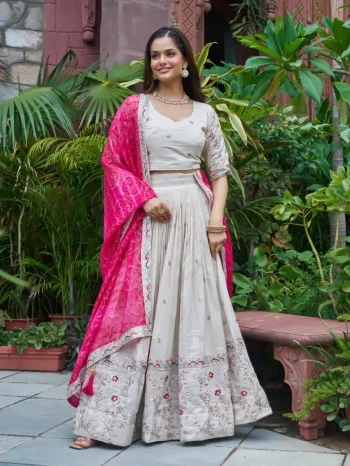 DESIGNER TISSUE SILK EMBROIDERY CODING SEQUENCE & THRED WORK LEHENGA CHOLI WITH DUPATTA PINK