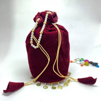 DESIGNER VELVET ROUND SHAPED PLAIN WITH SIKKA ZUMKA LACE ON BOTTOM ROUND POTLI PURSE MAROON