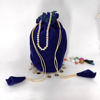 DESIGNER VELVET ROUND SHAPED PLAIN WITH SIKKA ZUMKA LACE ON BOTTOM ROUND POTLI PURSE BLUE