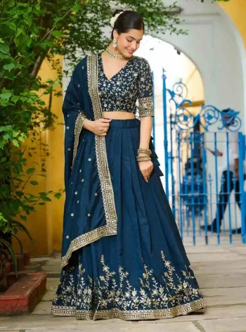 DESIGNER VICHITRA SILK SEQUENCE MULTI EMBROIDERY WORK LEHENGA CHOLI WITH DUPATTA TEAL