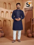 FANCY 14KG SILK EMBROIDERY SEQUENCE WORK MEN'S KURTA PAYJAMA NAVY BLUE