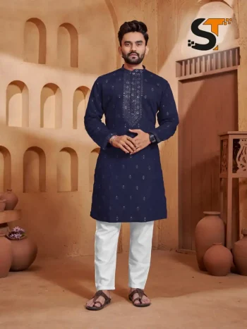 FANCY 14KG SILK EMBROIDERY SEQUENCE WORK MEN'S KURTA PAYJAMA NAVY BLUE