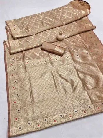 FANCY BANARASI SILK FLOWERS AND MINA WITH WEAVING ZARI RICH PALLU AND BORDER WORK SAREE WITH UNSTITCHED BLOUSE CREAM