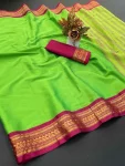 FANCY COTTON BORDER WITH CHITT PALLU WORK SAREE WITH UNSTITCHED BLOUSE PARROT GREEN