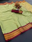 FANCY COTTON BORDER WITH CHITT PALLU WORK SAREE WITH UNSTITCHED BLOUSE PISTA
